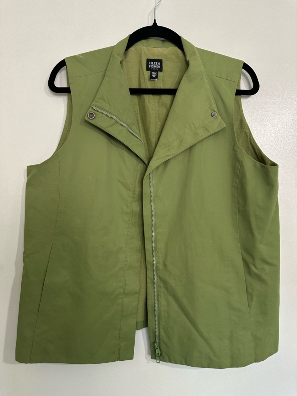 EILEEN FISHER Petite Olive Green Cotton Blend Zip Front Vest Large GUC
